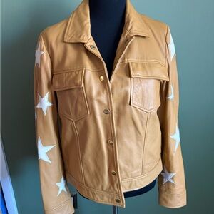 Scotch & Soda Tan Leather Jacket with White Star Details